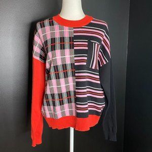 Oversized Red & Pink Patchwork Colorblock Knit Sweater